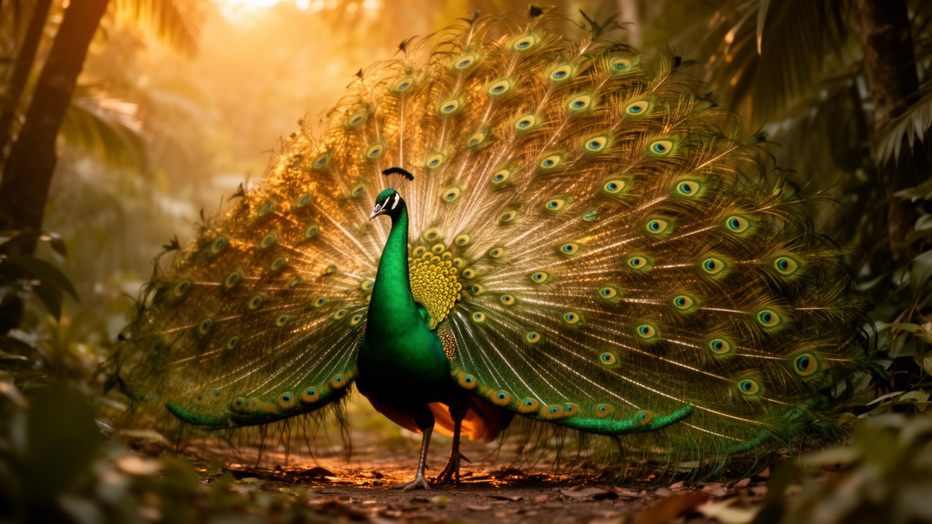 Java Green Peafowl in full display, fully visible in the frame